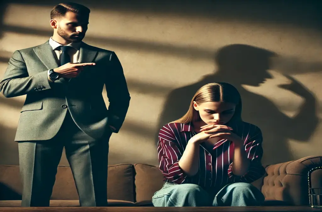 gaslighting in a relationship A serious depiction of gaslighting in a relationship. The image shows a couple, with the man standing in a dominant, calm, and manipulative posture