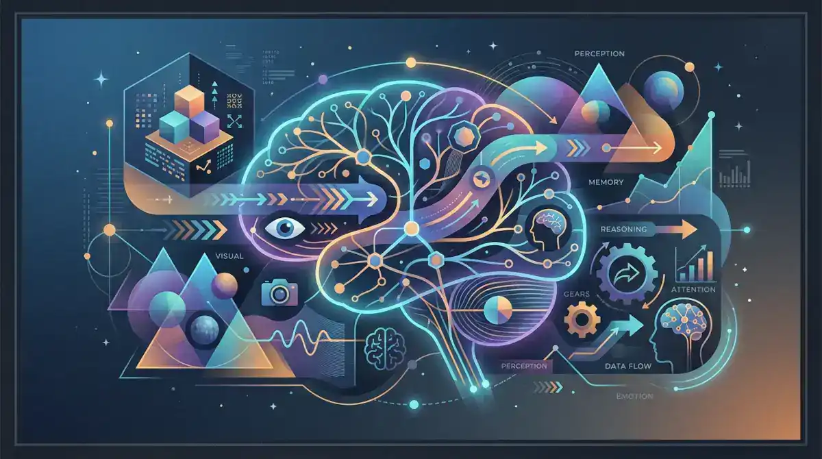 Abstract infographic linking perception, memory, reasoning, attention, emotion, and data flow