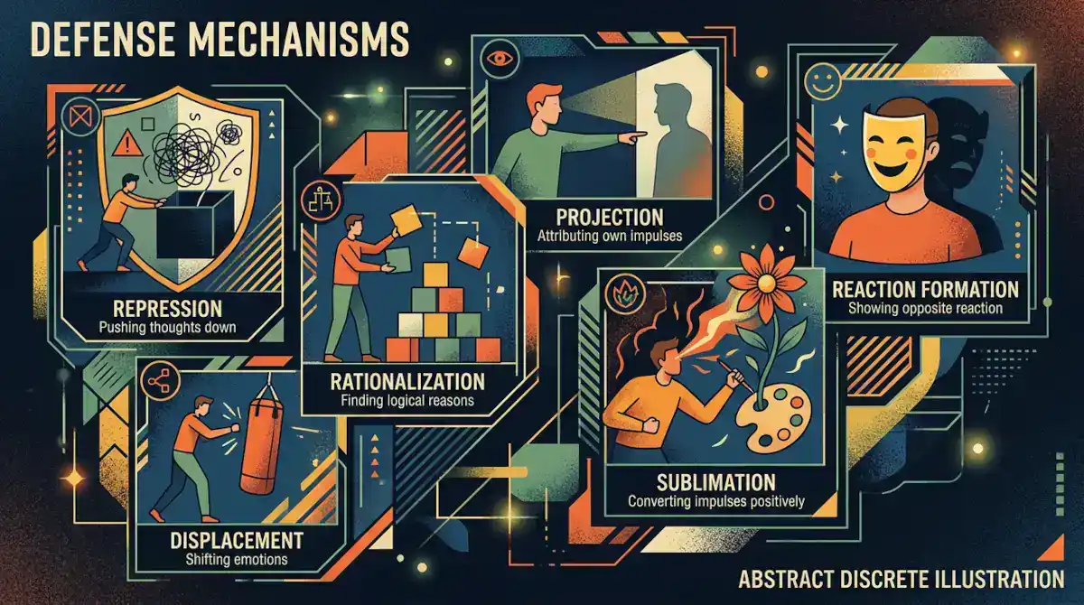 Infographic titled "DEFENSE MECHANISMS" showing Repression—Pushing thoughts down; Projection—Attributing own impulses; Reaction Formation—Showing opposite reaction; Rationalization—Finding logical reasons; Displacement—Shifting emotions; Sublimation—Converting impulses positively; and "ABSTRACT DISCRETE ILLUSTRATION."
